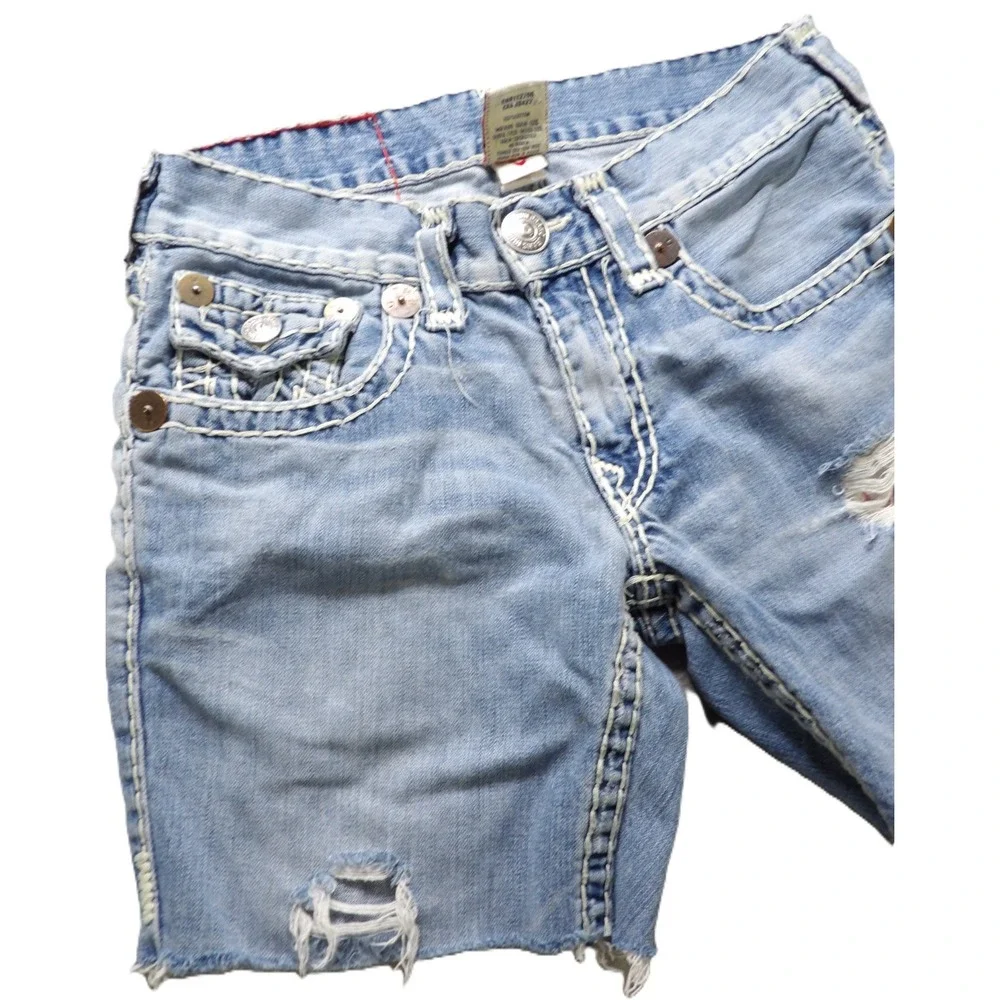 VTG Y2K True Religion Joey Super T Shorts Men 31 Distressed USA Light Wash Denim
